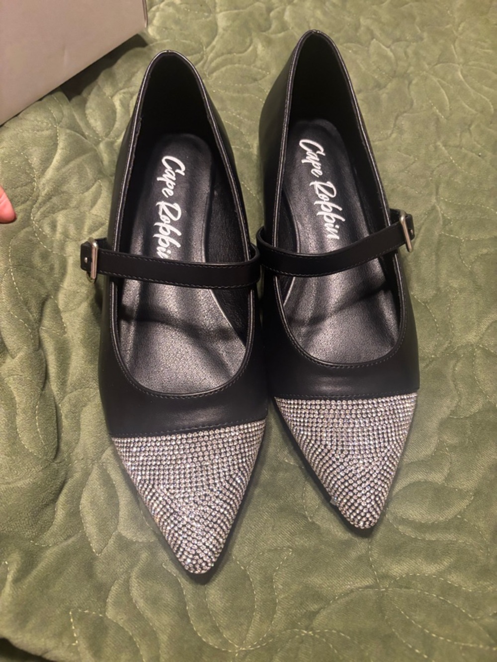 Cape Robbin Black Mary Jane Flats with Silver Rhinestone Pointed Toe